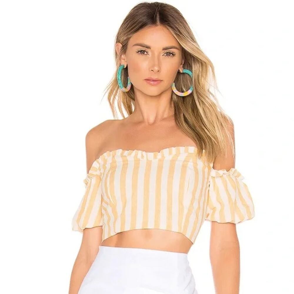 Superdown x Revolve Yellow and White Striped Off-Shoulder Crop Top, XS